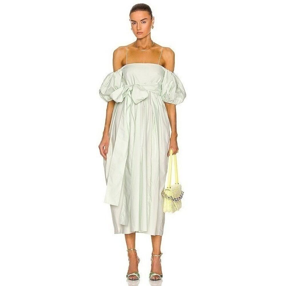 Cecilie Bahnsen Dress Sz 2 US Mint Green Cotton Poplin Bow Puff Sleeves Rare